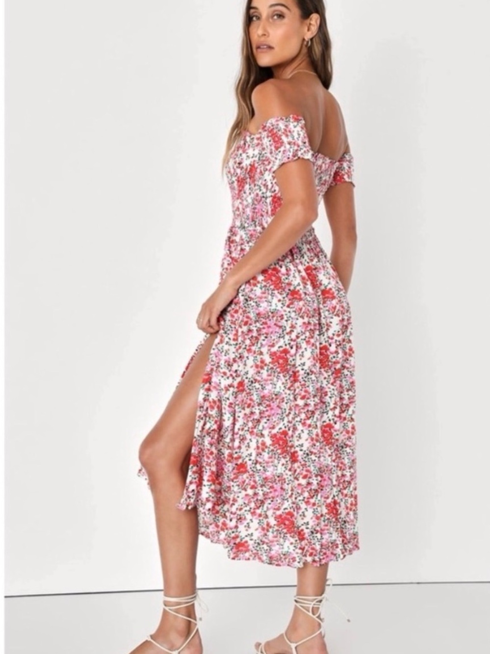 Lulu's Pink & Red Floral Off-the-Shoulder Midi Dress with Slit